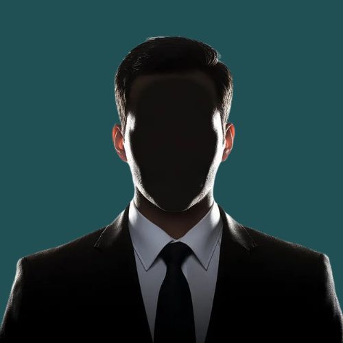 A silhouetted figure in a dark business suit and tie against a teal background, with dramatic backlighting that obscures facial features while highlighting the professional attire and formal presentation.