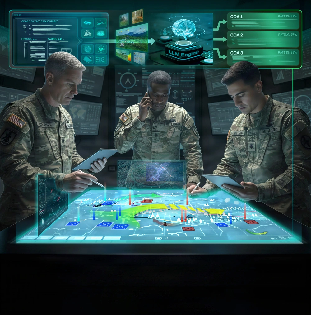 At PC-C6, ARL is experimenting to provide Army warfighters and leaders the ability share and engage in real-time decision-making planning using AI-supported COA-GPT software. U.S. Army illustration by Evan Jensen with AI elements. Google (2026). Gemini (1.5 Pro) [image generator]. Gemini Enterprise (genai.mil).