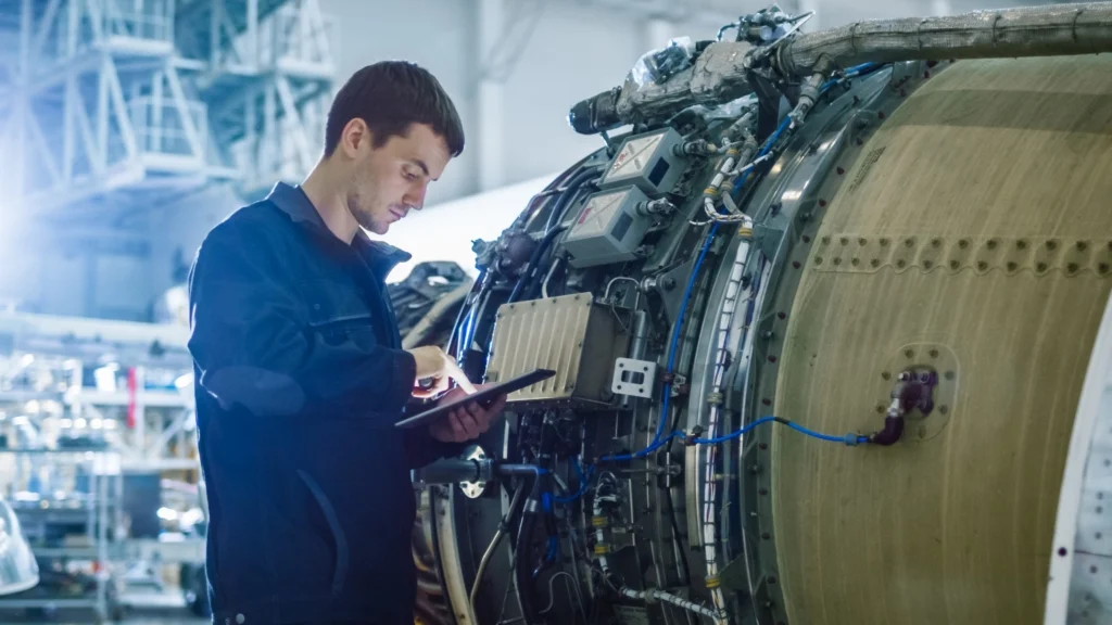 A worker at the MRO checks his ipad