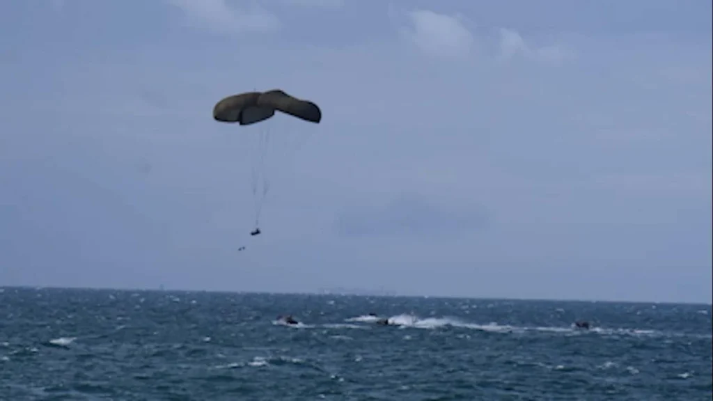 Airdrop of Royal Navy drone from Airbus A400M with parachute