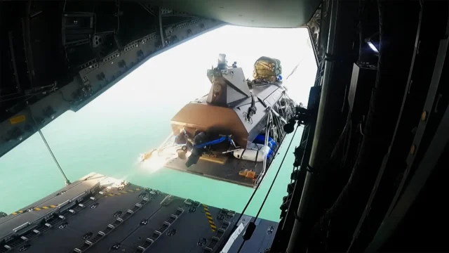 Airdrop of Royal Navy drone from Airbus A400M with parachute