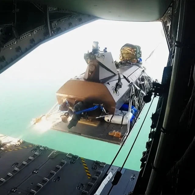 Airdrop of Royal Navy drone from Airbus A400M with parachute