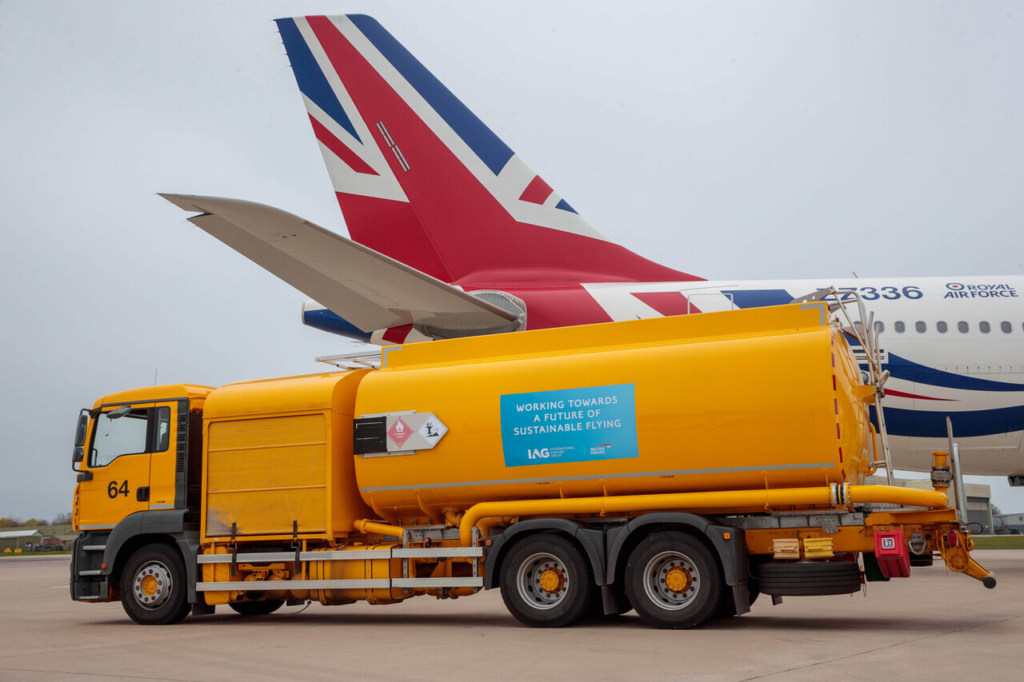 BRIZE NORTON, UK: RAF Voyager aircraft being fuelled with 43% SAF from IAG/British Airways/bp at Brize Norton on 16 April 2023