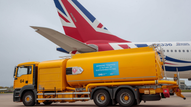 BRIZE NORTON, UK: RAF Voyager aircraft being fuelled with 43% SAF from IAG/British Airways/bp at Brize Norton on 16 April 2023