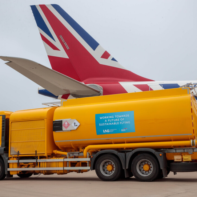 BRIZE NORTON, UK: RAF Voyager aircraft being fuelled with 43% SAF from IAG/British Airways/bp at Brize Norton on 16 April 2023