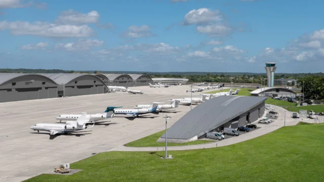 Farnborough Airport with business jets parked on the apron