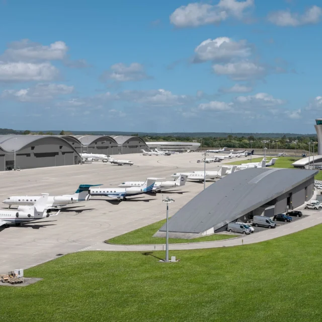 Farnborough Airport with business jets parked on the apron