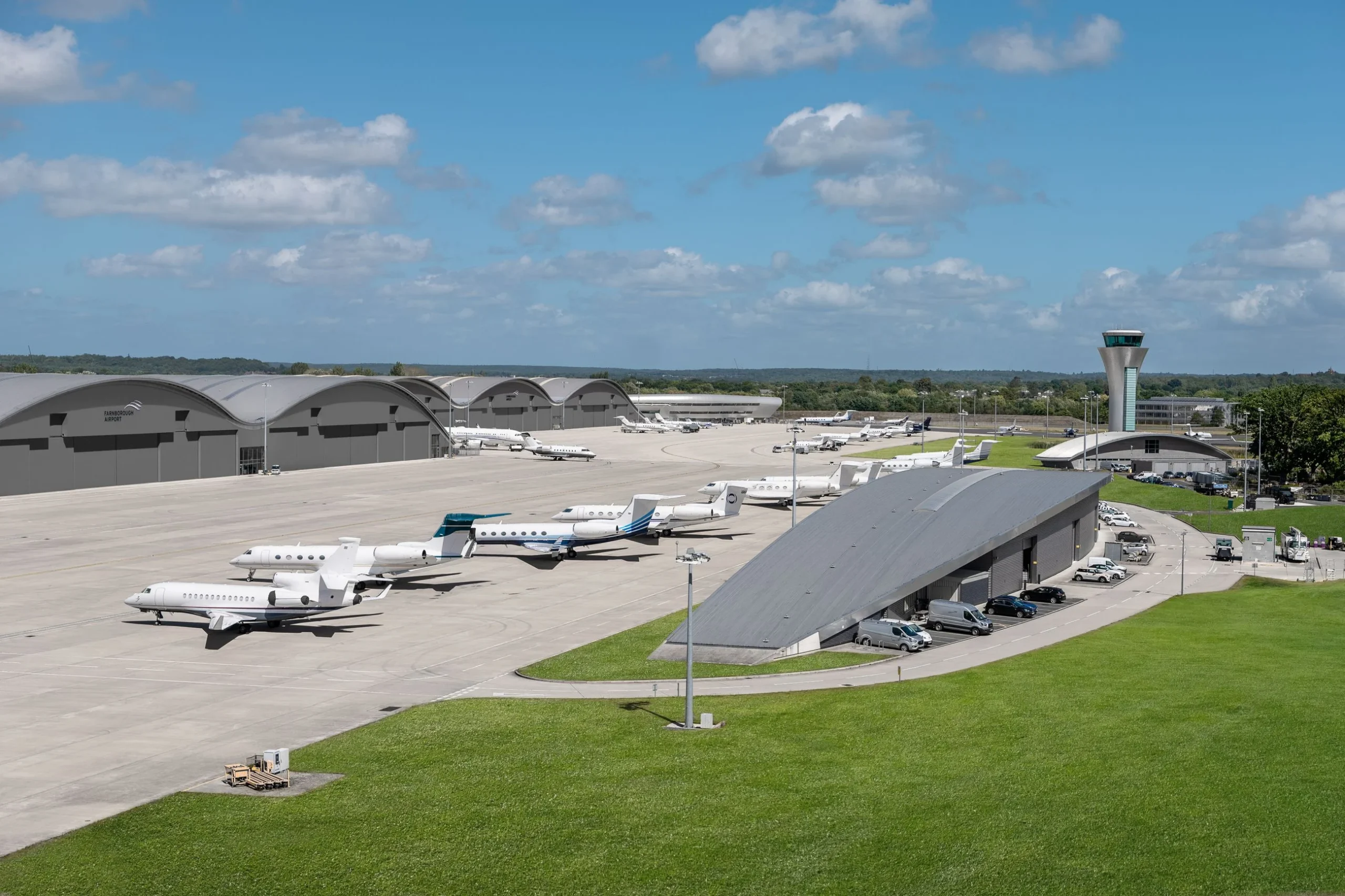 Farnborough Airport with business jets parked on the apron