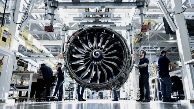 GE Aerospace CFM LEAP engine in an MRO shop