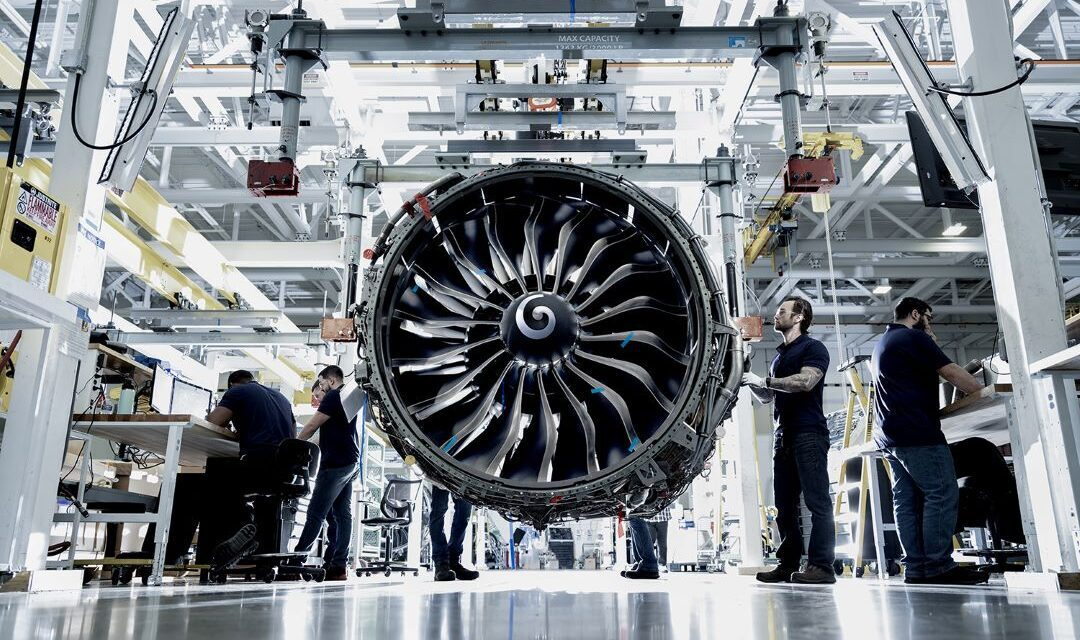 GE Aerospace CFM LEAP engine in an MRO shop