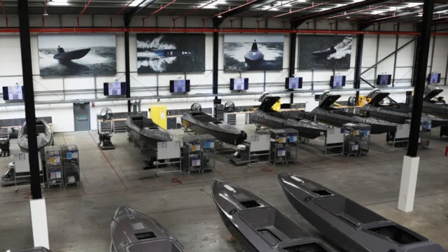 Kraken Technology's workshop showing rows of drone boats