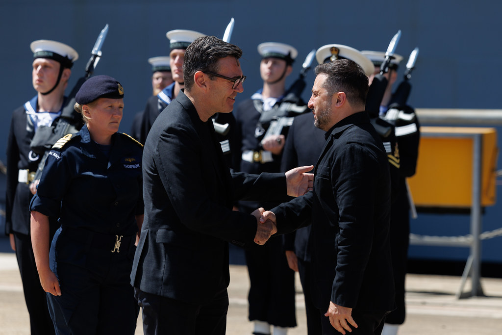 Mr Burnham and Mr Zelenskyy meet in front of the Guard of Honour on the jetty in Portsmouth