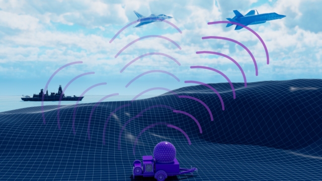 Illustration of an electronic warfare emitter transmitting radio-frequency signals across a maritime environment, with signals interacting between a naval vessel, aircraft, missile and radar system.