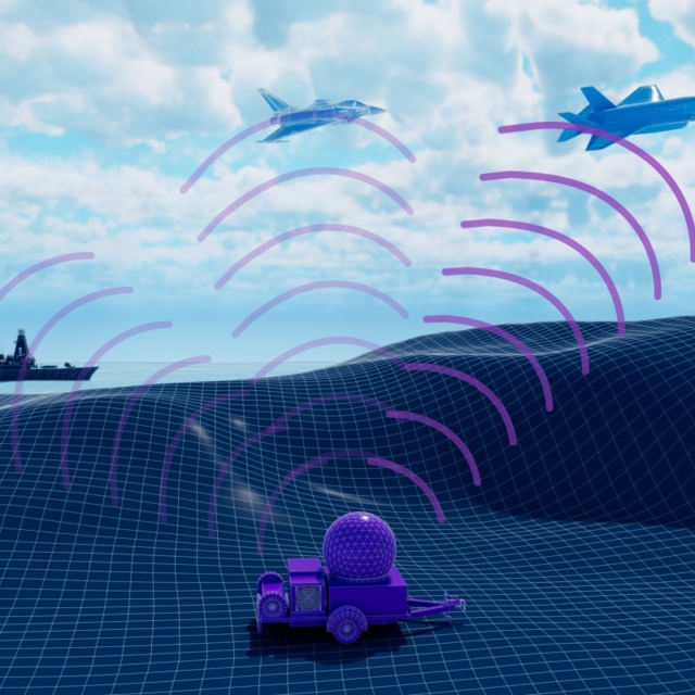 Illustration of an electronic warfare emitter transmitting radio-frequency signals across a maritime environment, with signals interacting between a naval vessel, aircraft, missile and radar system.
