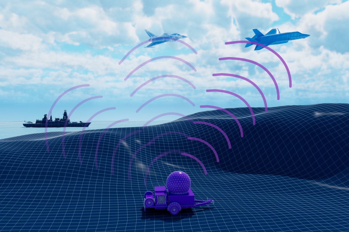 Illustration of an electronic warfare emitter transmitting radio-frequency signals across a maritime environment, with signals interacting between a naval vessel, aircraft, missile and radar system.