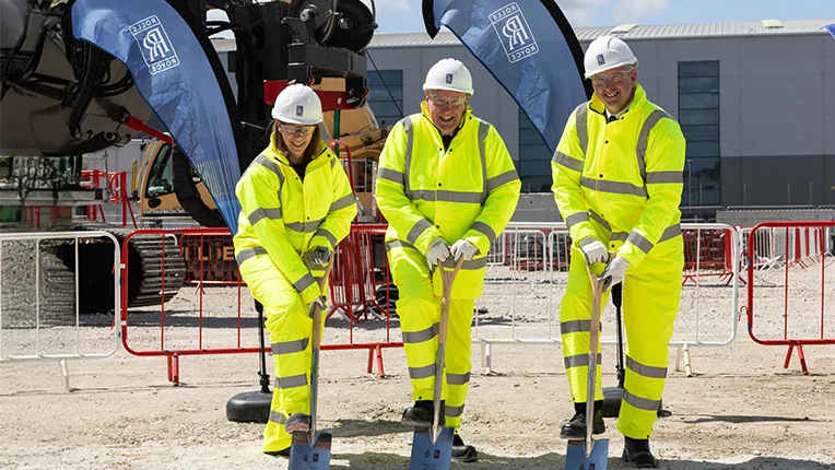 Breaking ground at the Rolls-Royce Raynesway site expansion (l-r Abi Clayton, Lord Coaker and Commodore Alistair Moody)