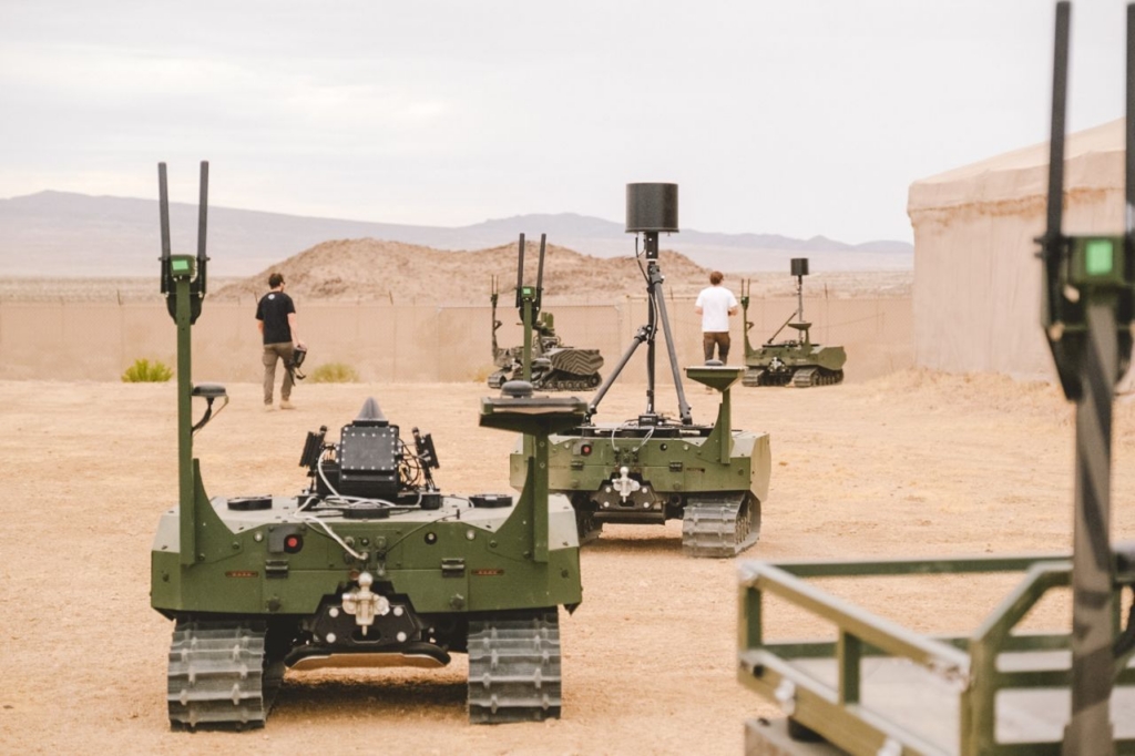 Four GEREON UGVs are dispatched on a mission during the PC-C6 drill in July 2026. Image: ARX Robotics