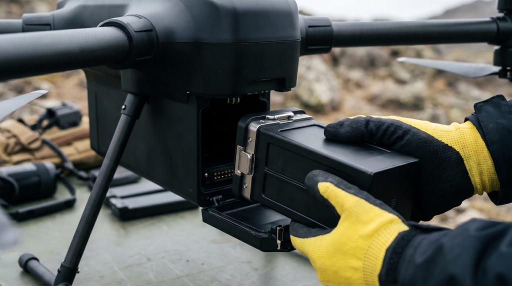 Technician replacing lithium battery in commercial drone