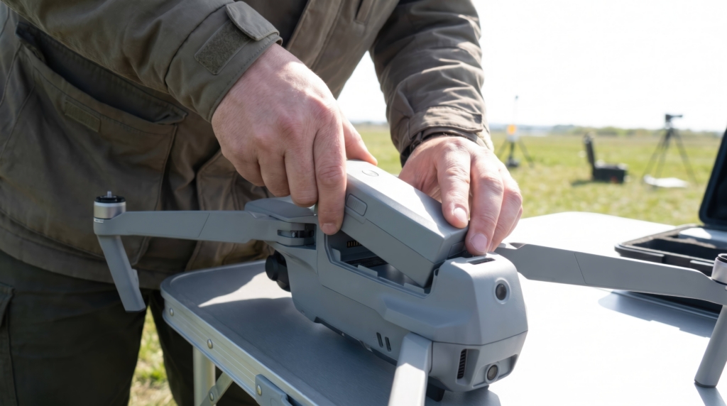 Drone operator inserting a rechargeable battery pack into a grey quadcopter drone outdoors