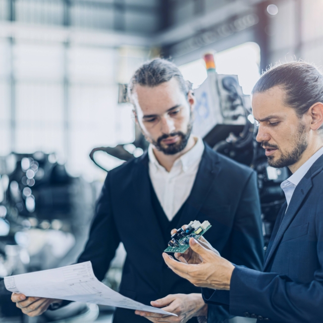 Engineer male advance robotic machine designer team talking with electronic component part supplier business consulting in heavy machinery industry concept.