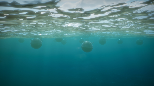 Mines float on the waves in the sea 3d illustration