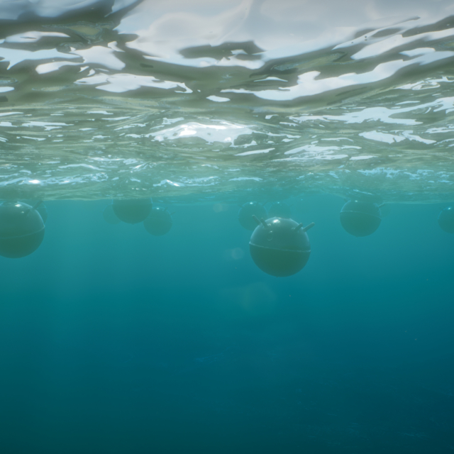 Mines float on the waves in the sea 3d illustration