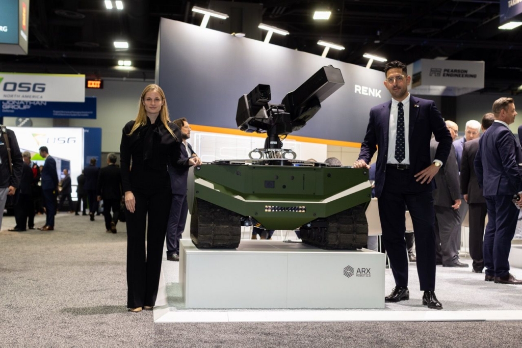 A GEREON UGV outfitted for C-UAS operations was on display during the Association of the US Army (AUSA) Annual Meeting and Exposition in October 2025. Image: ARX Robotics