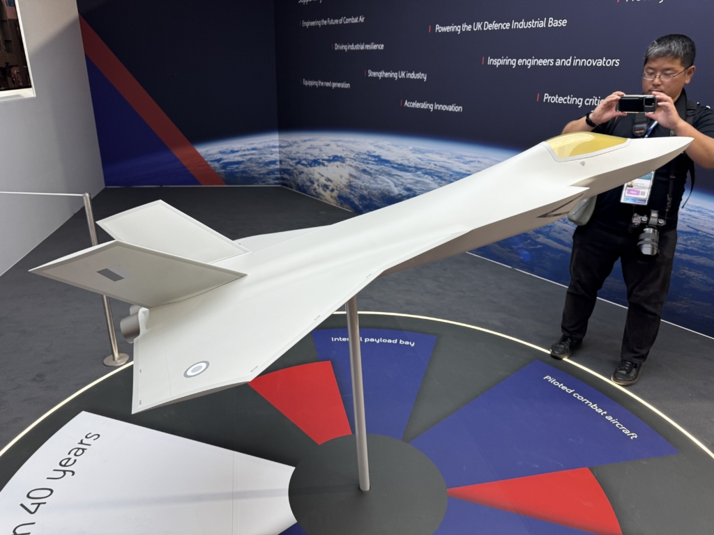 This scale model of the CAFD platform was on display at FIA 2026. This view offers a good glimpse at the unique wing shape of the demonstrator, as well as the trapezoidal vertical stablisers it will employ. Image: Khalem Chapman