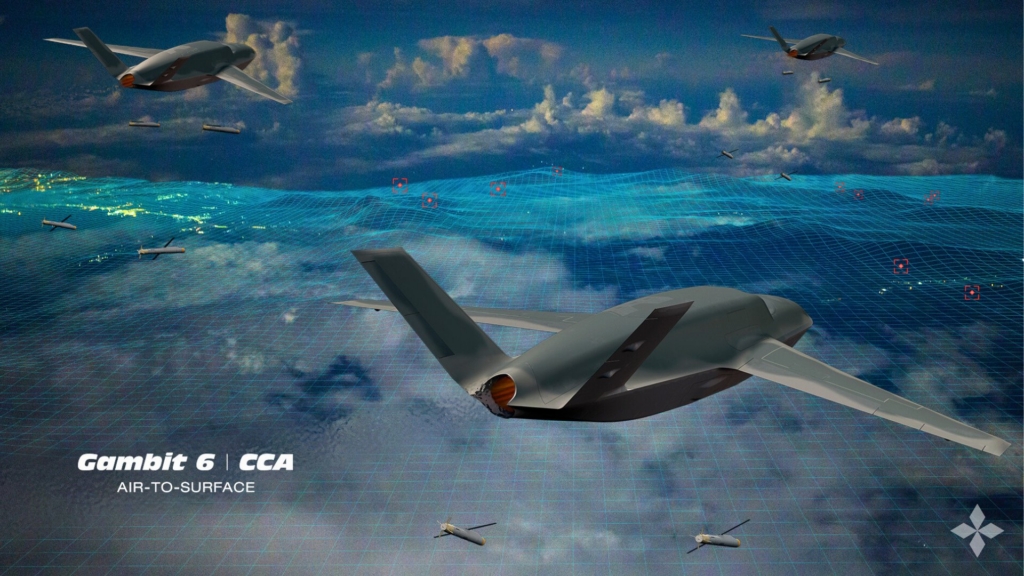 This digital rendering shows GA-ASI's Gambit 6 CCA concept in an air-to-surface strike configuration.