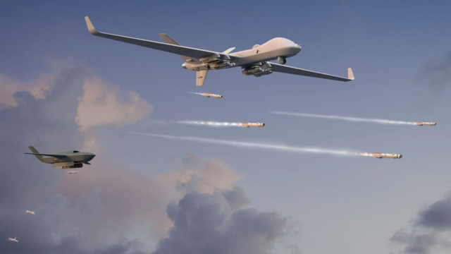 This digital rendering shows both GA-ASI's uncrewed MQ-9B and Gambit 6 platforms launching a swarm of MBDA-built SPEAR missiles during a mission. Image: GA-ASI