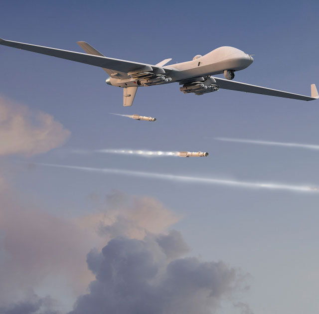 This digital rendering shows both GA-ASI's uncrewed MQ-9B and Gambit 6 platforms launching a swarm of MBDA-built SPEAR missiles during a mission. Image: GA-ASI