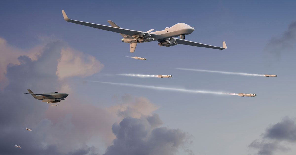 This digital rendering shows both GA-ASI's uncrewed MQ-9B and Gambit 6 platforms launching a swarm of MBDA-built SPEAR missiles during a mission. Image: GA-ASI