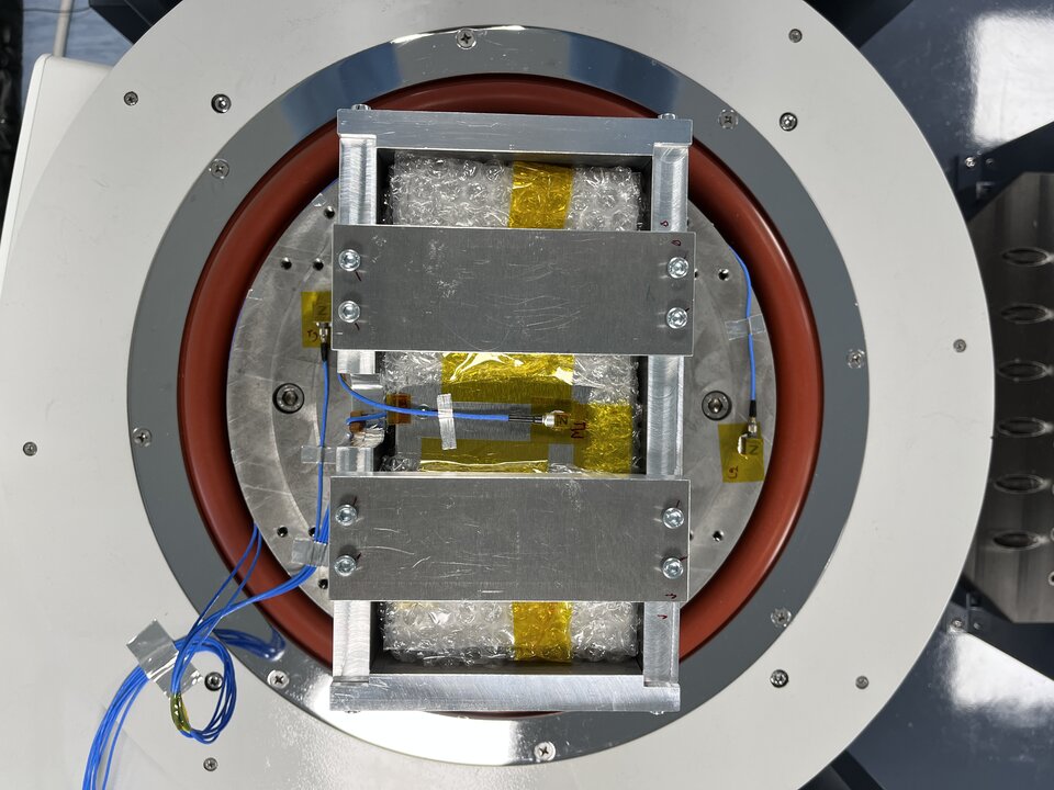 The GraviTE Engineering Model installed in its vibration test configuration, ready for testing.