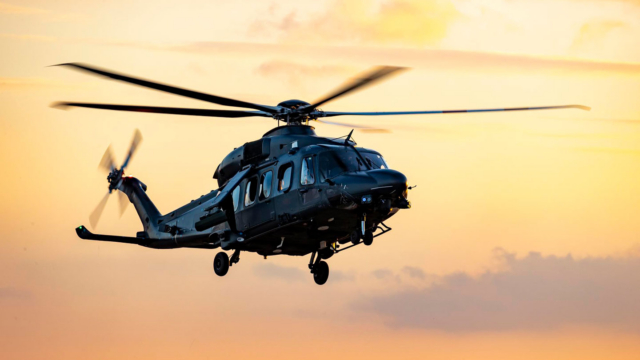 Leonardo AW149 flying at sunset