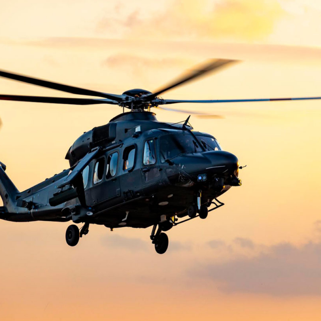 Leonardo AW149 flying at sunset