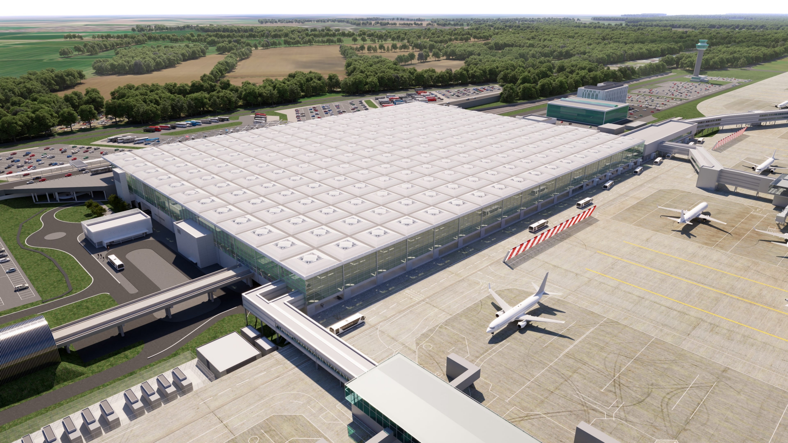 Stansted transformation. Aerial view of skylinks connecting to extended terminal building.