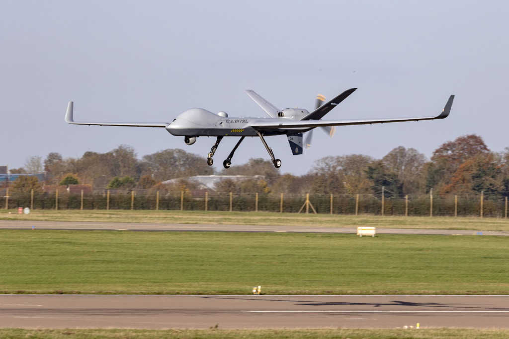 An RAF-operated Protector RG1 lands back at RAF Waddington after completing its first flight in UK skies on 17 November 2023. Image: MOD Crown Copyright/AS1 Amelia Turnbull
