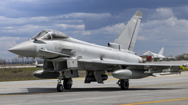 A Typhoon FGR4 (serial ZK364) from the RAF's No 3(F) Squadron taxis to the runway at the 86th Air Base in Borcea, Romania, before launching for a 'Tango' QRA training scramble on 7 April 2026. Image: MOD Crown Copyright/AS1 Ben Webb