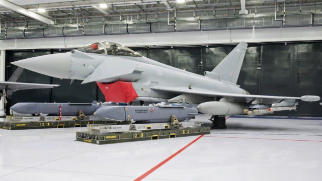 An RAF-operated Typhoon FGR4 is displayed alongside two Storm Shadow ALCMs during an event at RAF Marham, Norfolk, on 1 September 2019. Image: MOD Crown Copyright/SAC Simon Armstrong