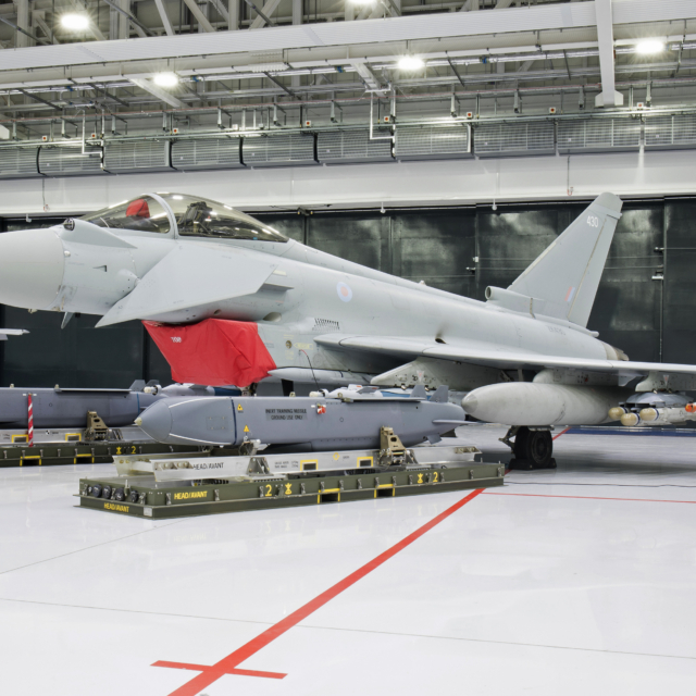 An RAF-operated Typhoon FGR4 is displayed alongside two Storm Shadow ALCMs during an event at RAF Marham, Norfolk, on 1 September 2019. Image: MOD Crown Copyright/SAC Simon Armstrong