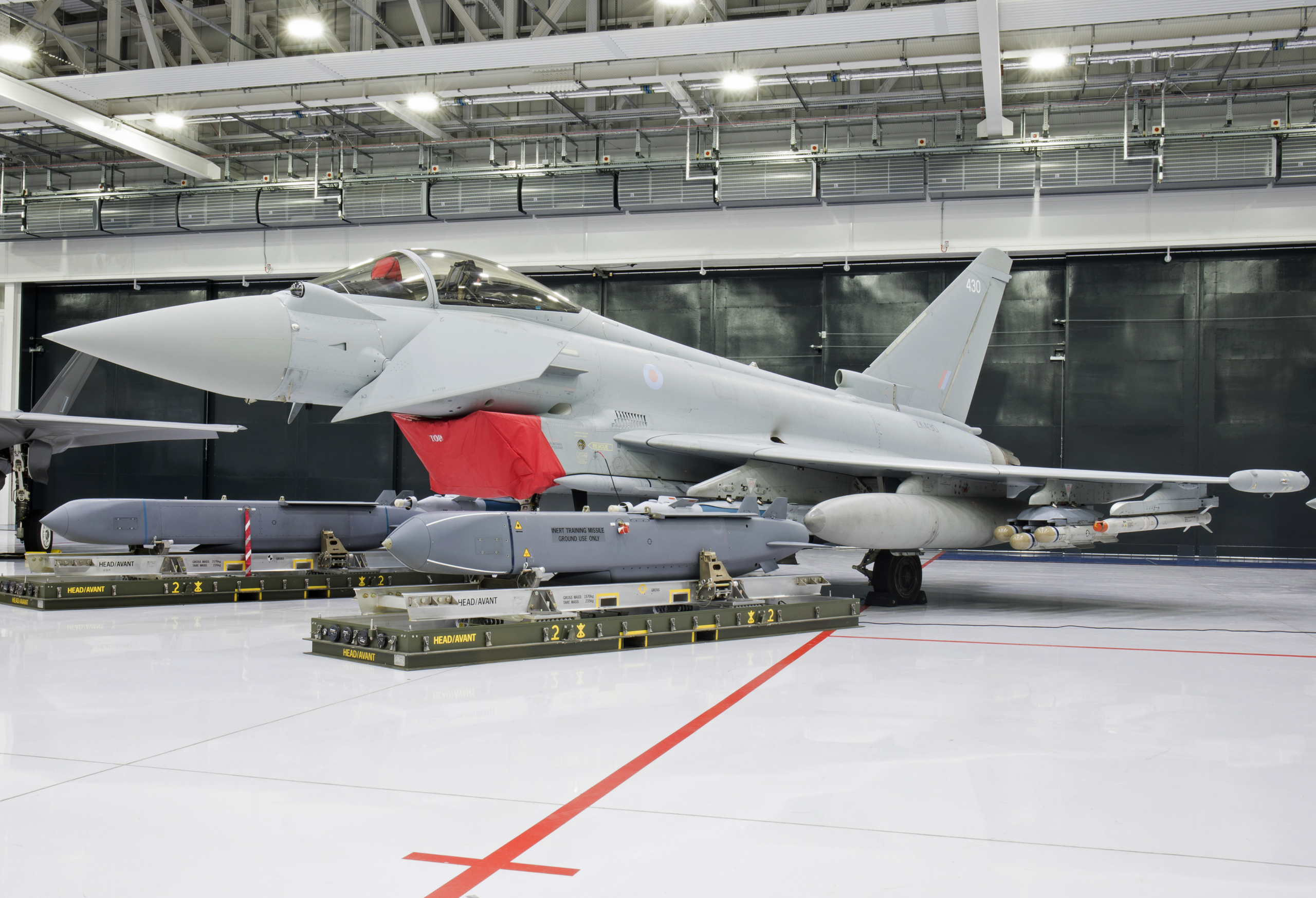 An RAF-operated Typhoon FGR4 is displayed alongside two Storm Shadow ALCMs during an event at RAF Marham, Norfolk, on 1 September 2019. Image: MOD Crown Copyright/SAC Simon Armstrong