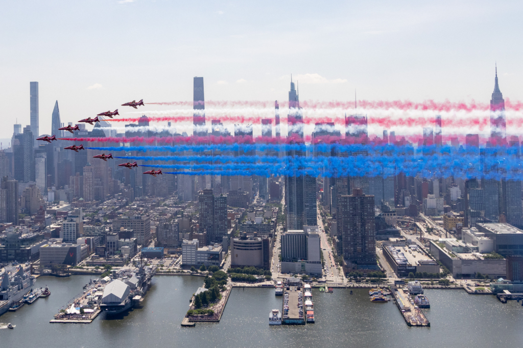 Jets from the Red Arrows joined more than 150 other aircraft in a stunning July 4 flypast over New York marking 250 years of American independence.