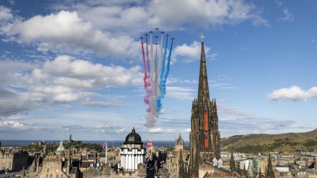 Pictured here is the Royal Air Force's Red Arrows Aerobatic Display Team flying over Edinburgh City and Castle for the grand opening of The Royal Edinburgh Military Tattoo on Saturday 12th August 2023 The Royal Edinburgh Military Tattoo (REMT) is the largest military engagement event in Scotland and one of the largest in the UK, which is held over several nights during the month of August on the Esplanade of Edinburgh Castle. Bringing together stories through music, dance, poetry, spoken word and imagery, a cast of over 800 UK and international performers will present ‘Stories’ through vivid and eclectic range of expression. The Tattoo will host performers from Norway, The United States, Australia, Trinidad and Tobago and Switzerland alongside acts from across the Uk and Ireland. The military will take a prominent role in the show with the Royal Air Force being the lead service this year.