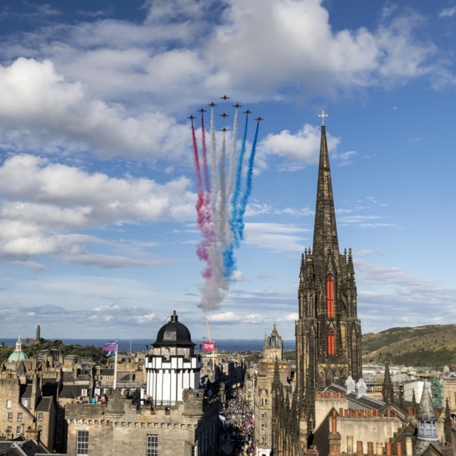Pictured here is the Royal Air Force's Red Arrows Aerobatic Display Team flying over Edinburgh City and Castle for the grand opening of The Royal Edinburgh Military Tattoo on Saturday 12th August 2023 The Royal Edinburgh Military Tattoo (REMT) is the largest military engagement event in Scotland and one of the largest in the UK, which is held over several nights during the month of August on the Esplanade of Edinburgh Castle. Bringing together stories through music, dance, poetry, spoken word and imagery, a cast of over 800 UK and international performers will present ‘Stories’ through vivid and eclectic range of expression. The Tattoo will host performers from Norway, The United States, Australia, Trinidad and Tobago and Switzerland alongside acts from across the Uk and Ireland. The military will take a prominent role in the show with the Royal Air Force being the lead service this year.