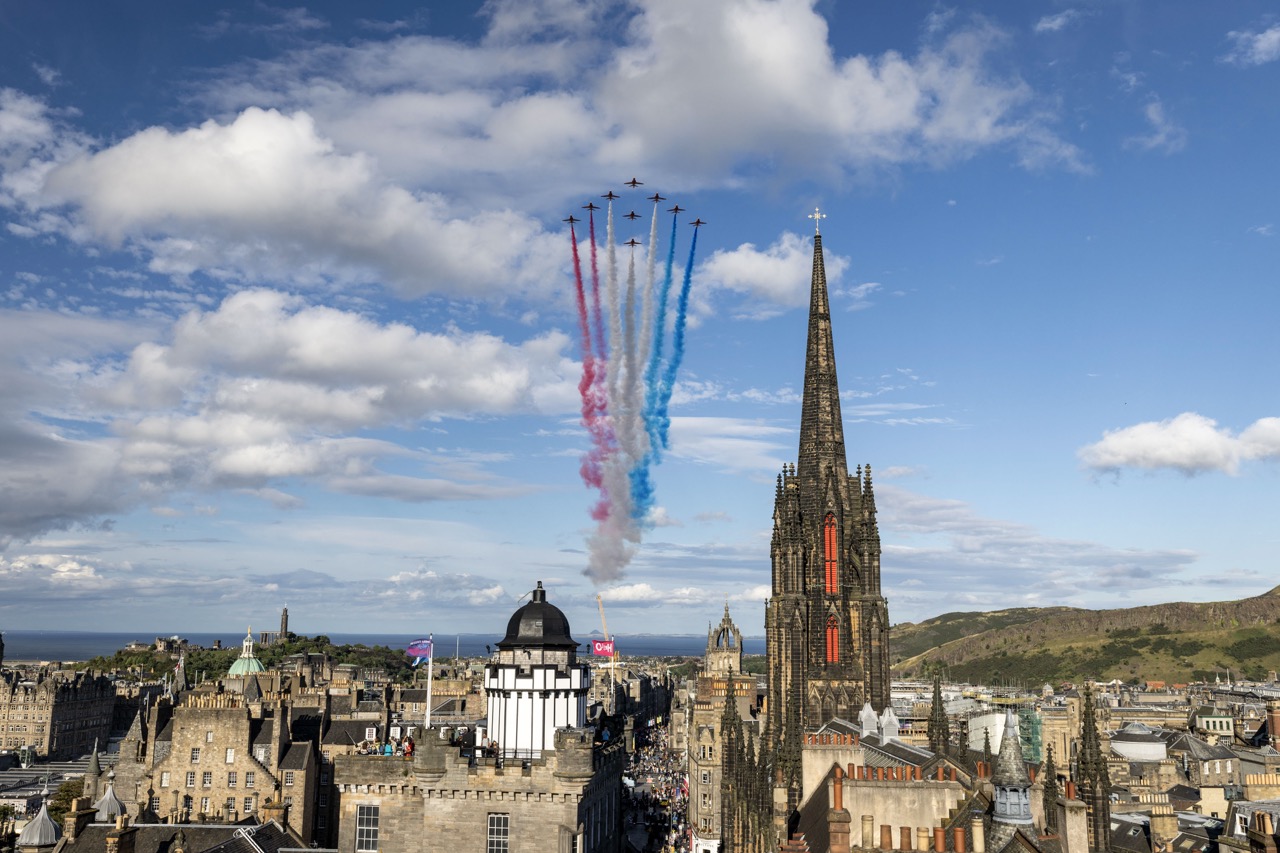 Pictured here is the Royal Air Force's Red Arrows Aerobatic Display Team flying over Edinburgh City and Castle for the grand opening of The Royal Edinburgh Military Tattoo on Saturday 12th August 2023 The Royal Edinburgh Military Tattoo (REMT) is the largest military engagement event in Scotland and one of the largest in the UK, which is held over several nights during the month of August on the Esplanade of Edinburgh Castle. Bringing together stories through music, dance, poetry, spoken word and imagery, a cast of over 800 UK and international performers will present ‘Stories’ through vivid and eclectic range of expression. The Tattoo will host performers from Norway, The United States, Australia, Trinidad and Tobago and Switzerland alongside acts from across the Uk and Ireland. The military will take a prominent role in the show with the Royal Air Force being the lead service this year.