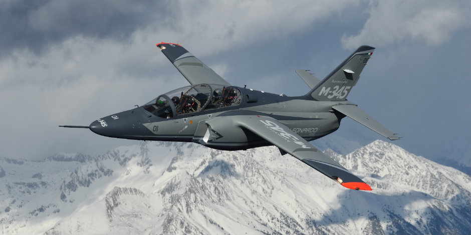 The M-345 makes a turn over the Alps