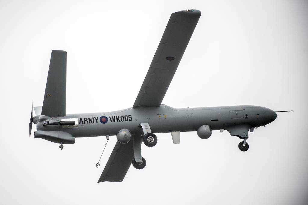 A Thales Watchkeeper WK450 (serial WK005) conducts a test flight over Parc Aberporth in West Wales on 25 April 2013. Image: MOD Crown Copyright/Andrew Linnett