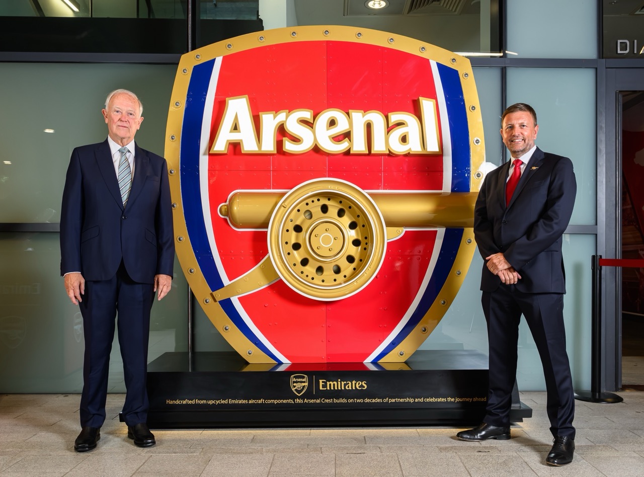 Sir Tim Clark and Richard Garlick with the aircrafted arsenal crest