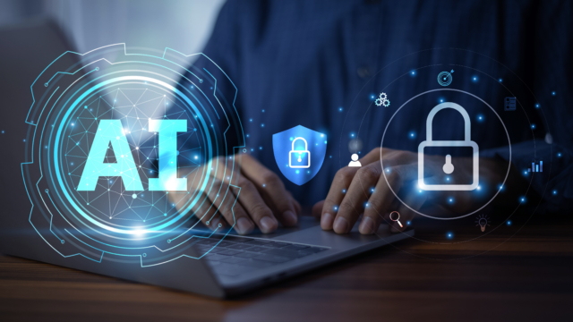 Businessman utilizing AI algorithms to protect privacy and manage data security efficiently. AI technology for data security