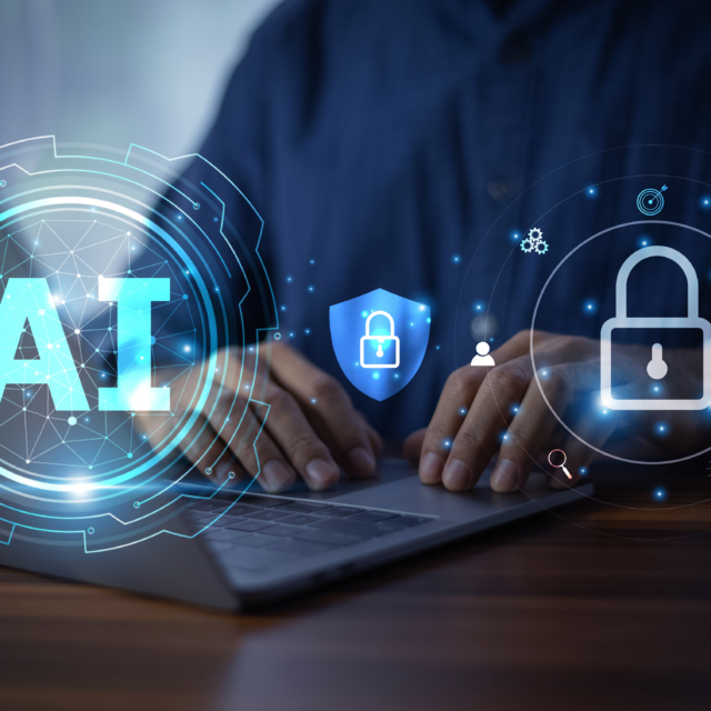 Businessman utilizing AI algorithms to protect privacy and manage data security efficiently. AI technology for data security